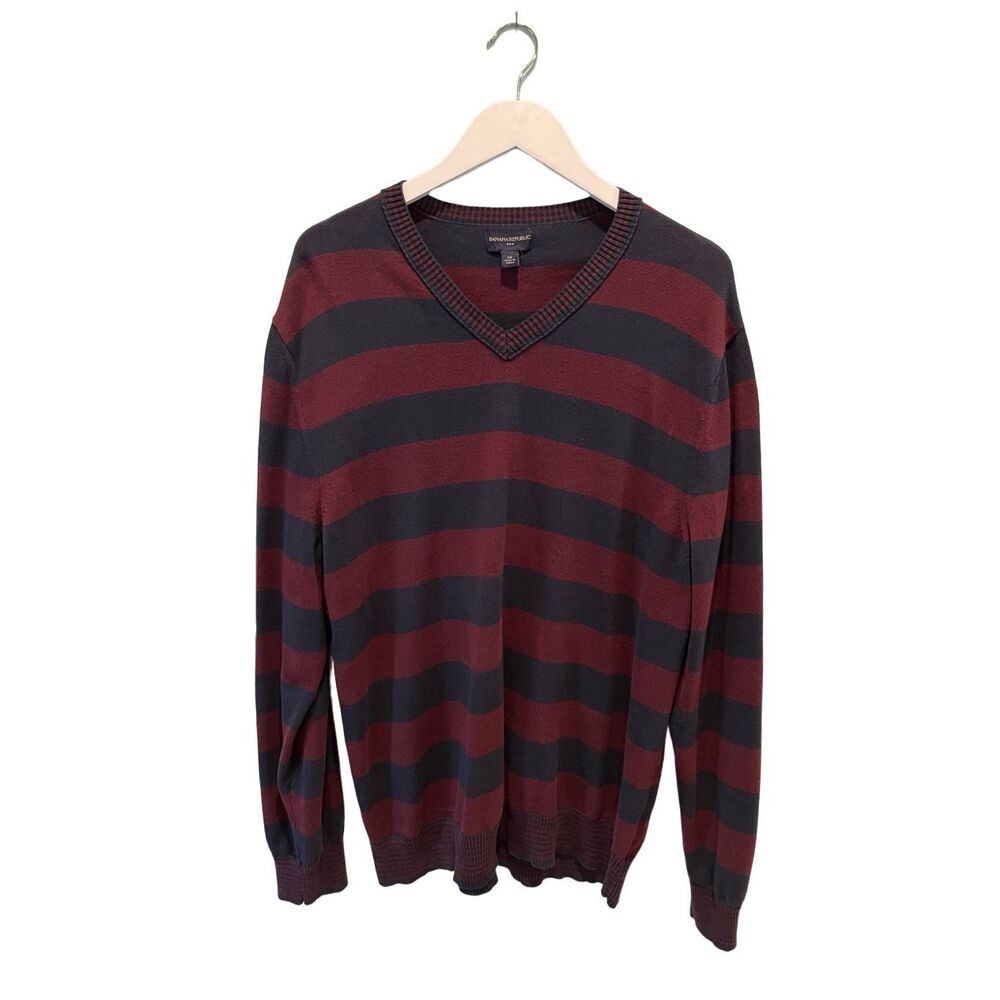 Banana Republic navy and red striped cotton v-neck  sweater - 2XL